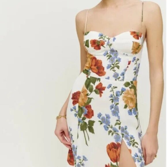 Reformation Juliette Dress in Formosa White Yellow Red Blue Floral Midi - Picture 4 of 8